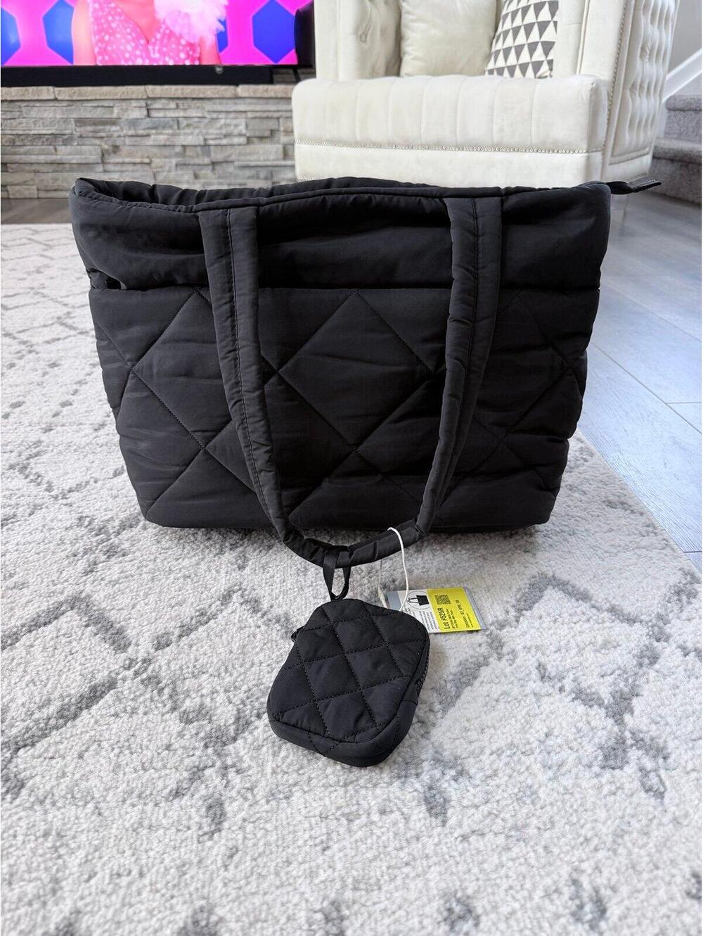NWT Mine by Tagalongs Black Packable Oversized Tote Bag Foldable Travel Shopper